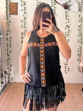 Original Sin black fringe top with turquoise bead detailing along the fringe